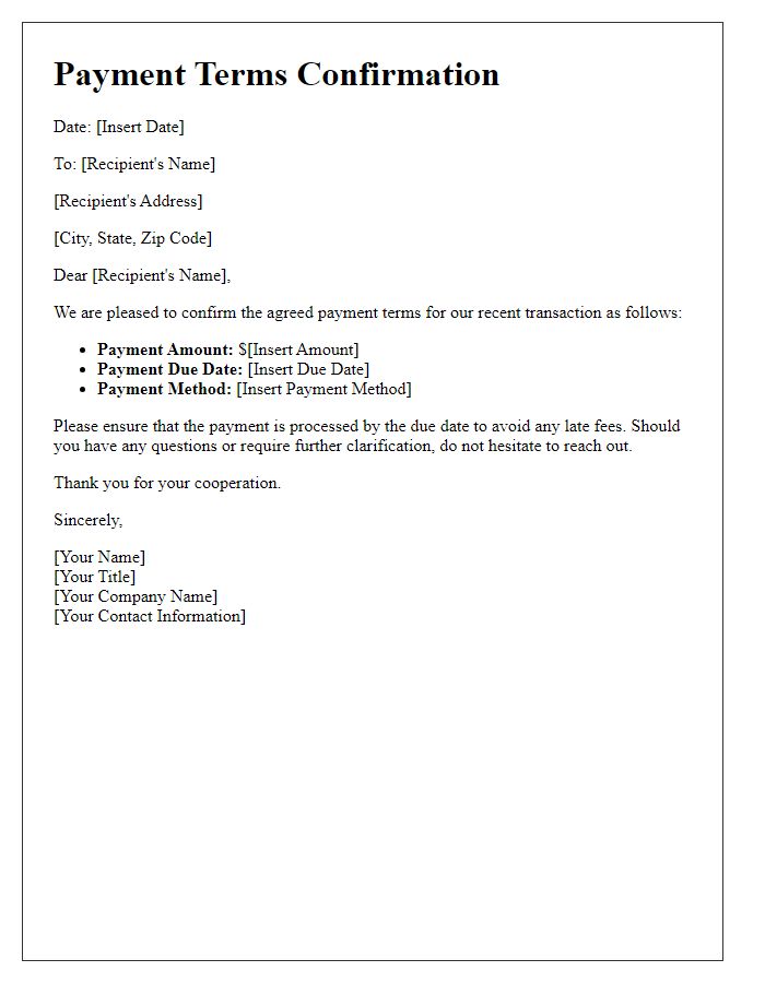 Letter template of agreed payment terms confirmation