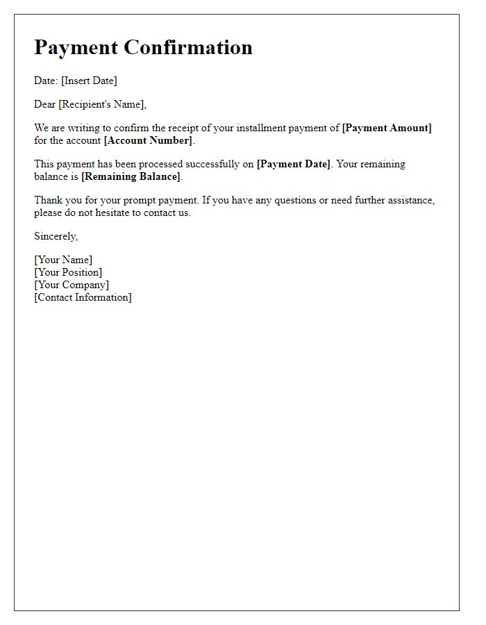 Letter template of installment payment confirmation