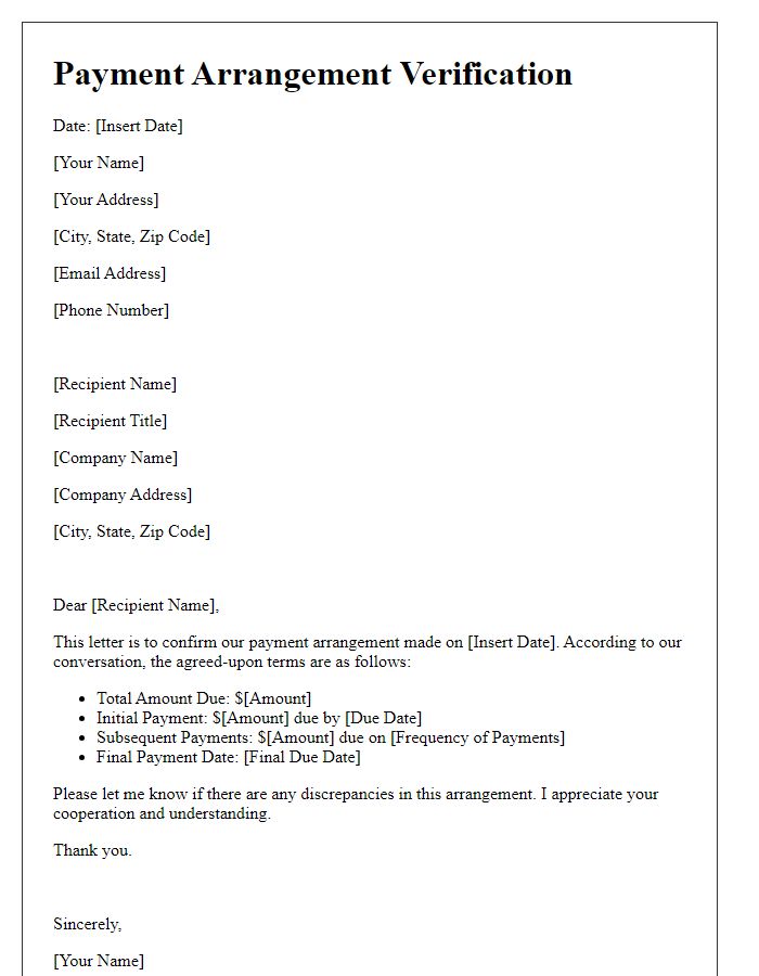 Letter template of payment arrangement verification