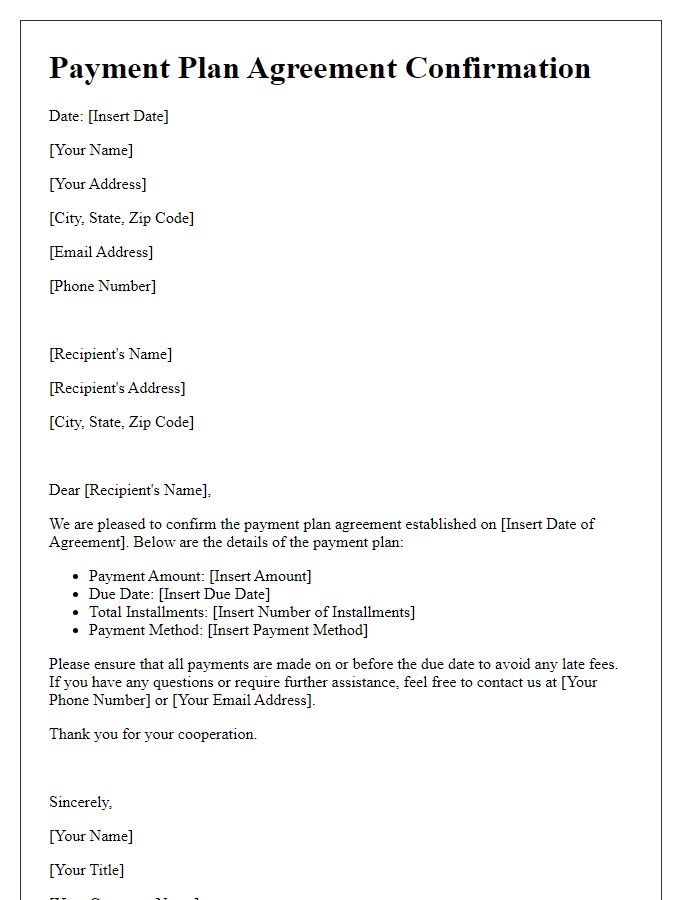 Letter template of payment plan agreement confirmation