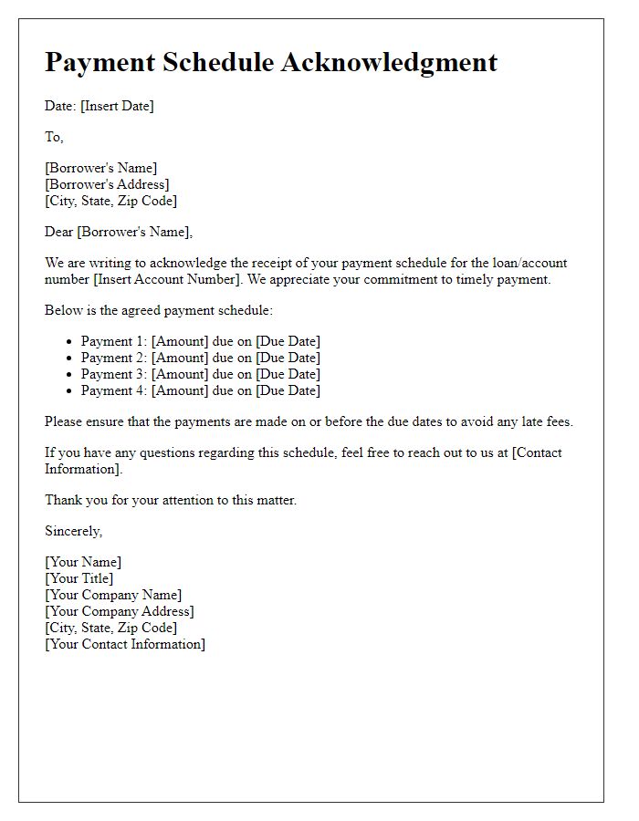 Letter template of payment schedule acknowledgment