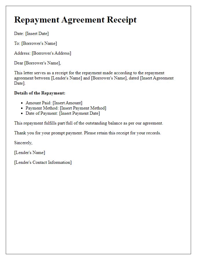 Letter template of repayment agreement receipt