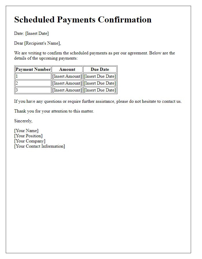 Letter template of scheduled payments confirmation