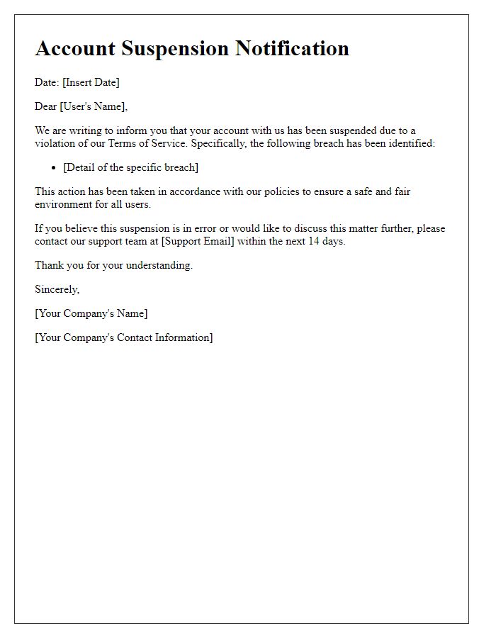 Letter template of Account Suspension Notification for Terms of Service Breach