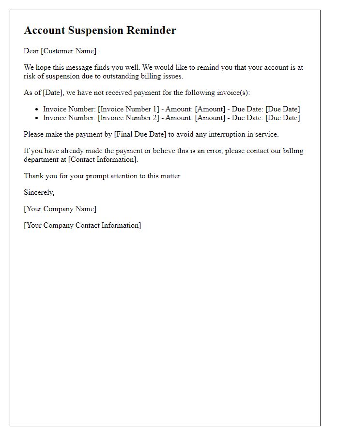 Letter template of Account Suspension Reminder for Billing Issues