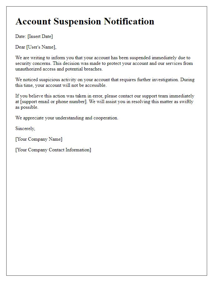 Letter template of Immediate Account Suspension Due to Security Concerns