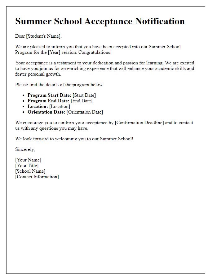 Letter template of summer school acceptance notification