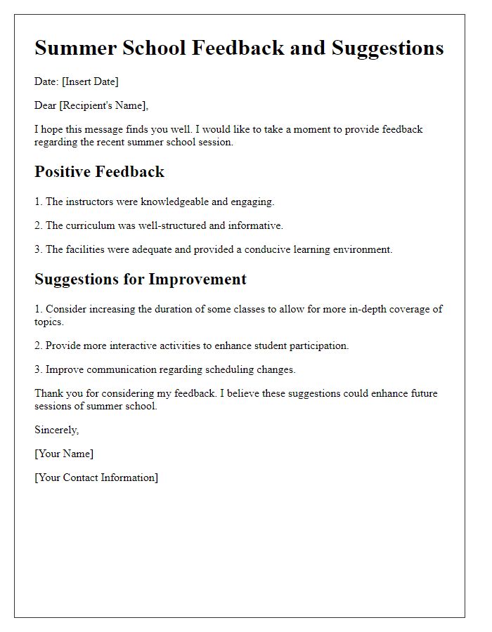 Letter template of summer school feedback and suggestions