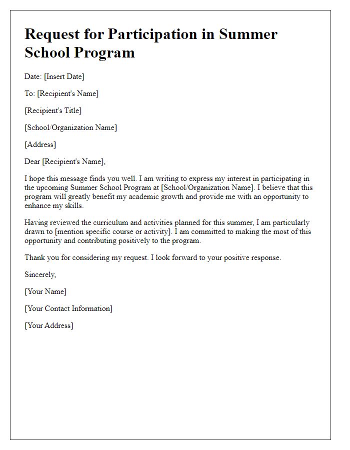 Letter template of summer school participation request