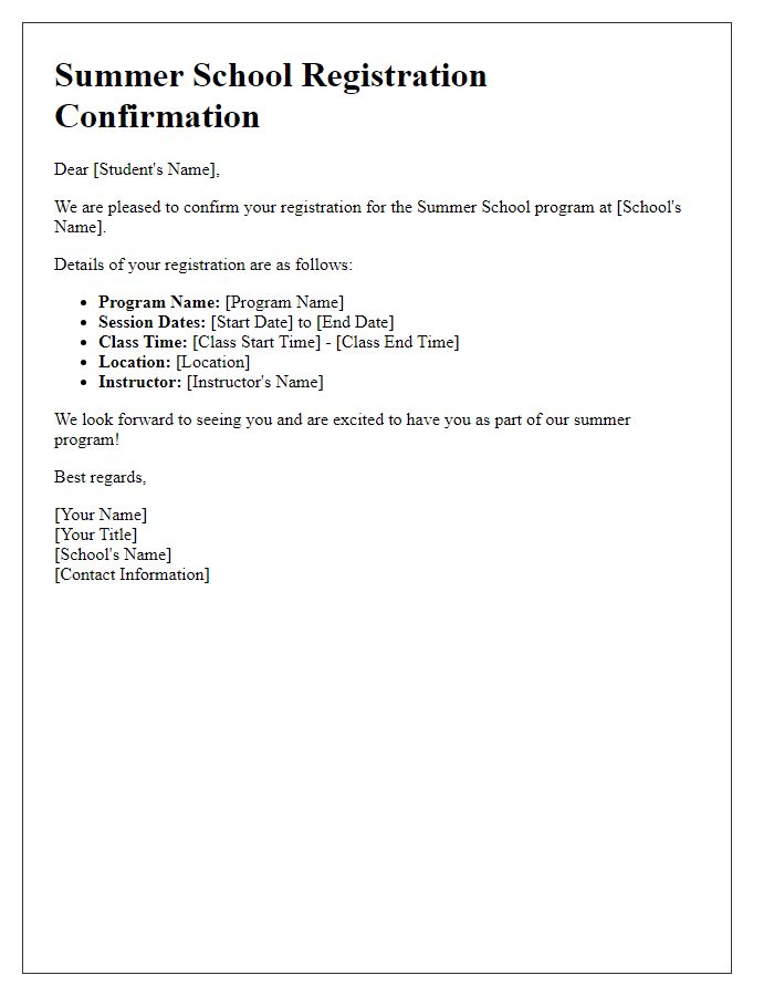 Letter template of summer school registration confirmation