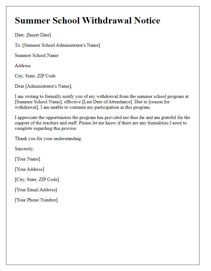 Letter template of summer school withdrawal notice