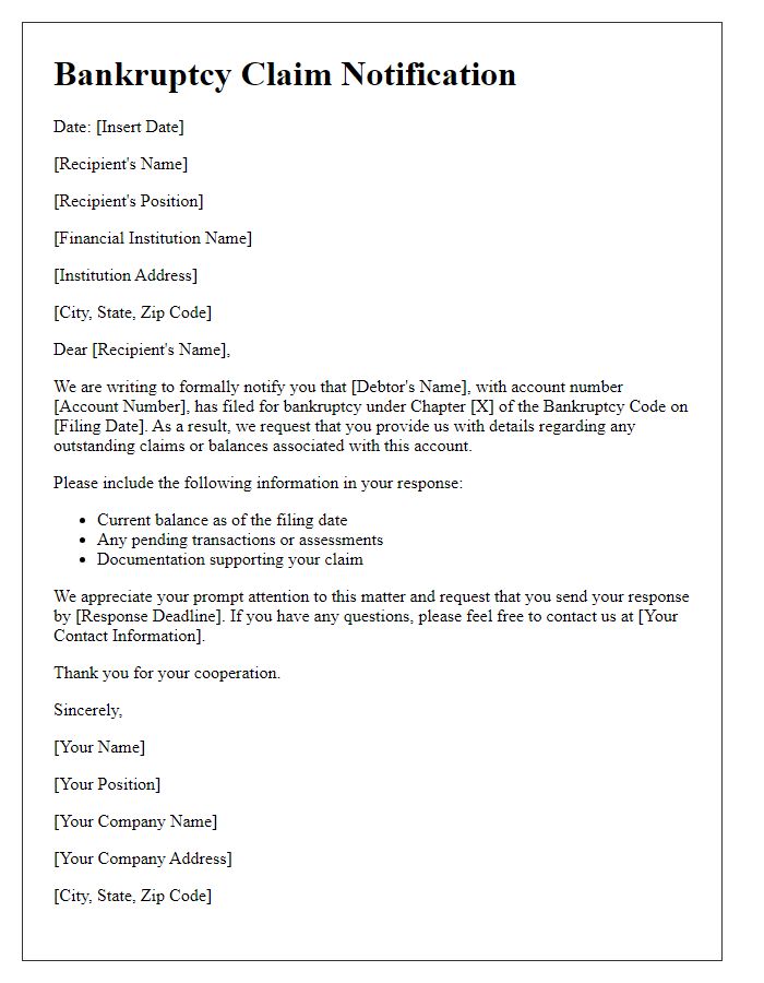 Letter template of bankruptcy claim notification for financial institutions