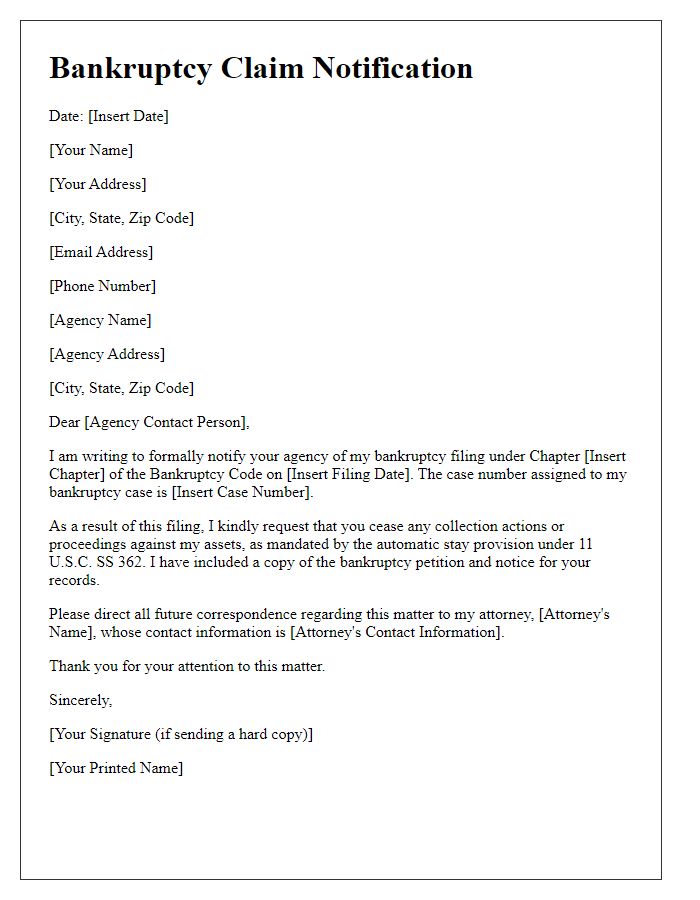 Letter template of bankruptcy claim notification for government agencies