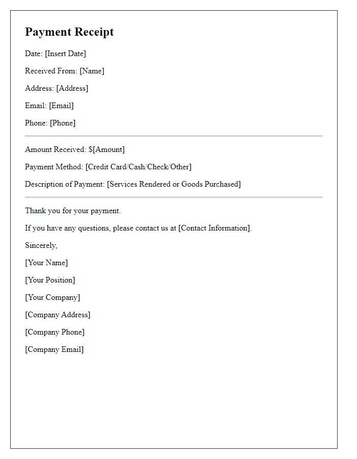 Letter template of Documenting Payment Receipt