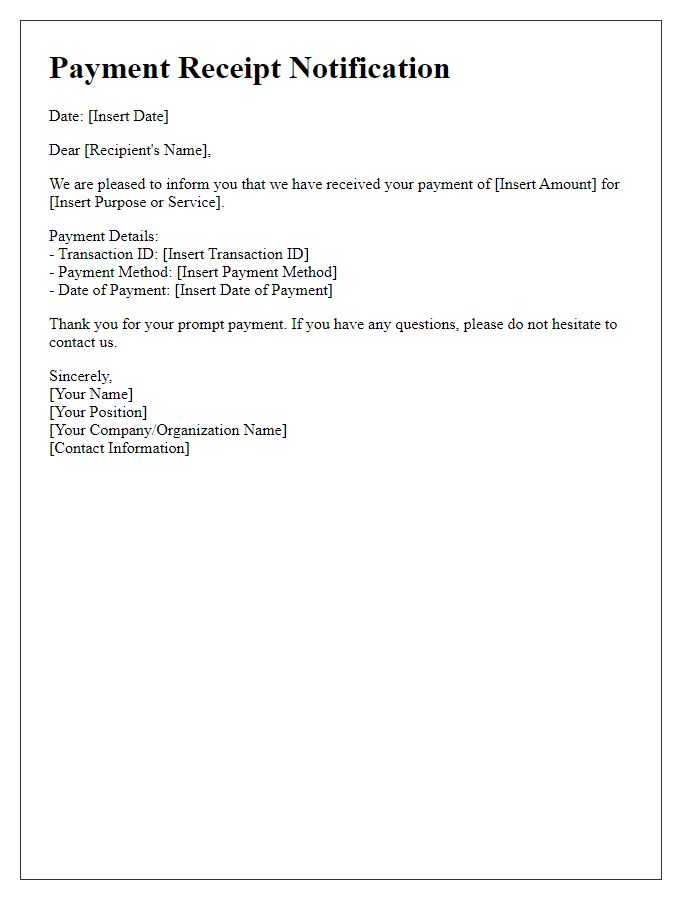 Letter template of Notification of Payment Receipt