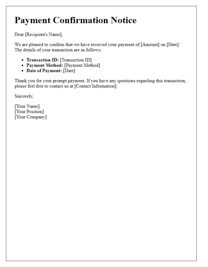 Letter template of Payment Confirmation Notice