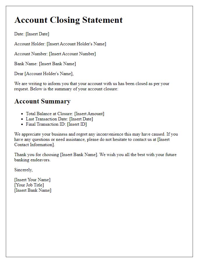 Letter template of account closing statement