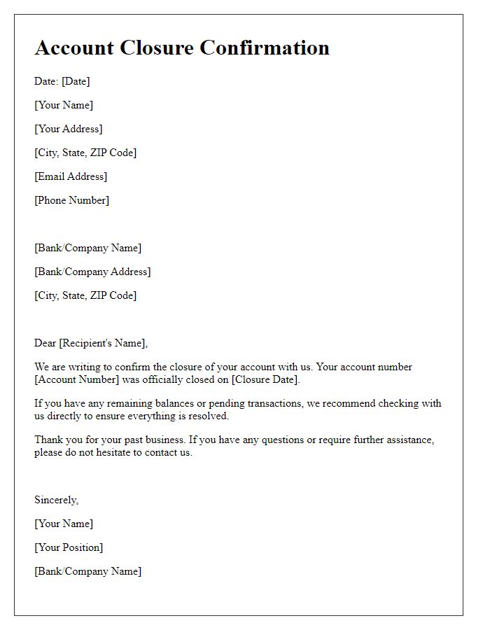 Letter template of account closure confirmation