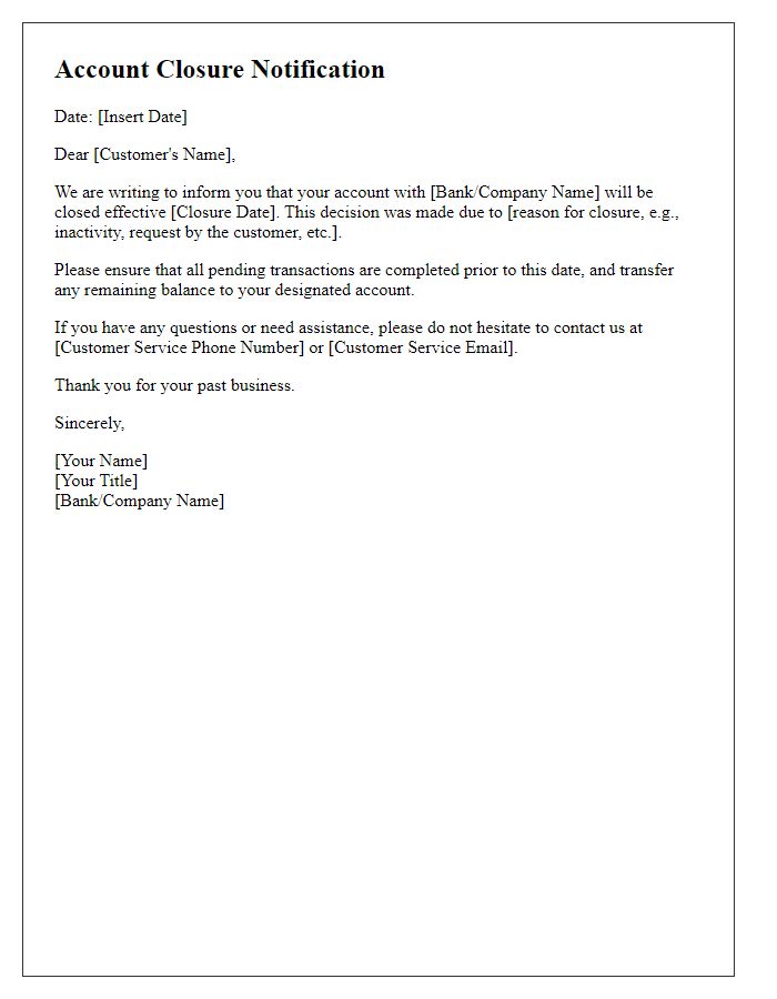 Letter template of account closure notification