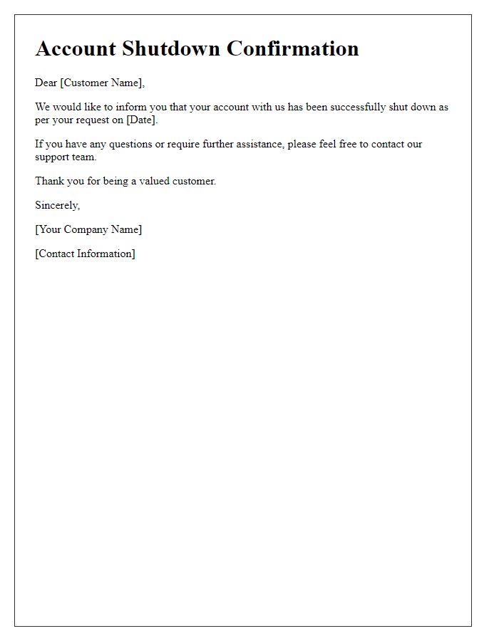 Letter template of account shutdown confirmation