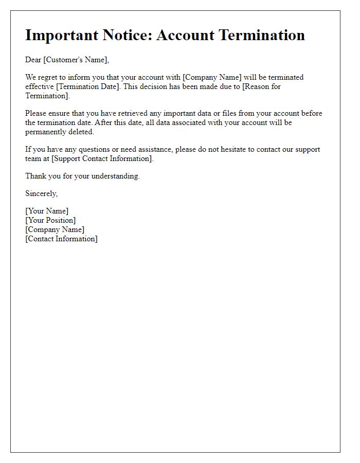 Letter template of account termination announcement