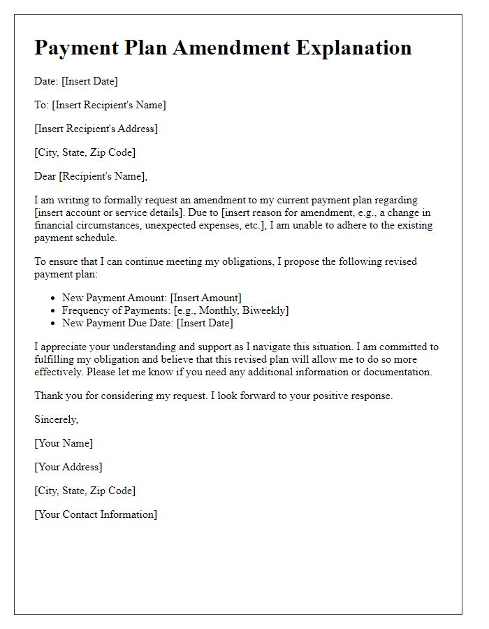 Letter template of explanation for payment plan amendment