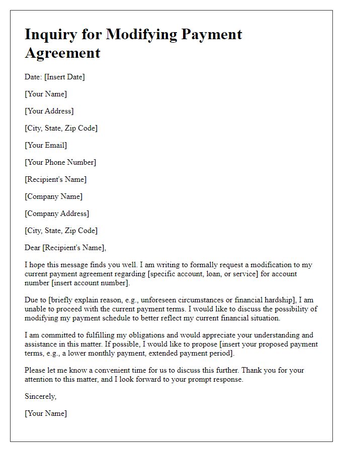 Letter template of inquiry for modifying payment agreement