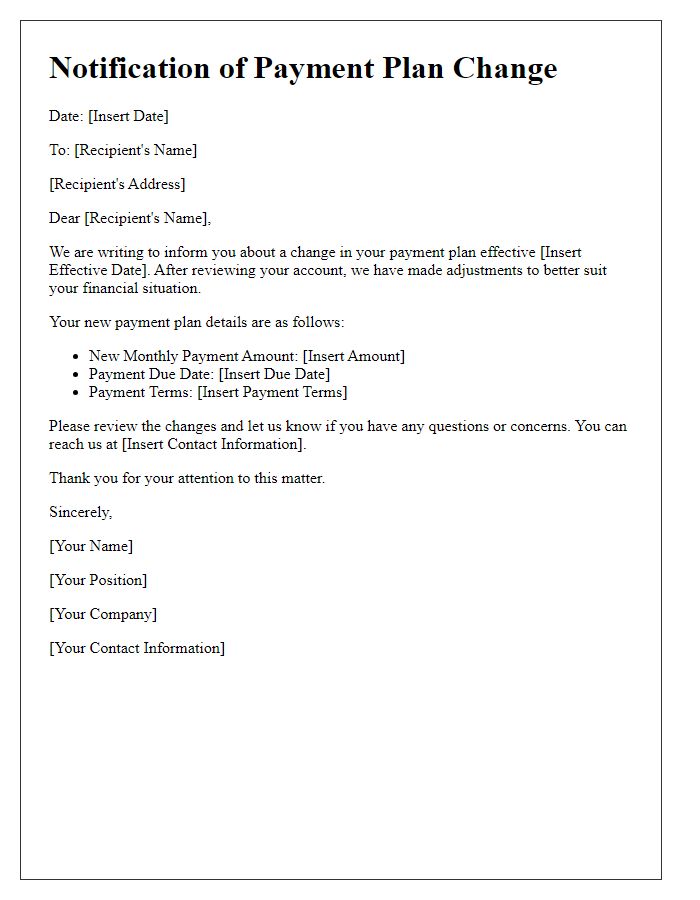 Letter template of notification for payment plan change