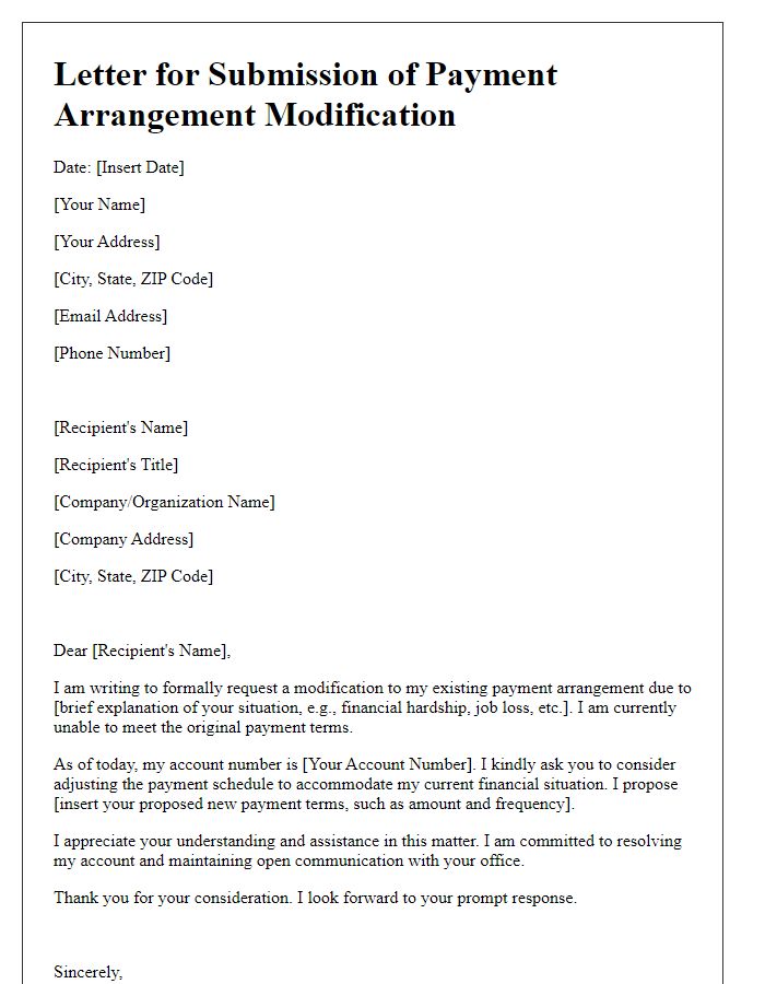 Letter template of submission for payment arrangement modification