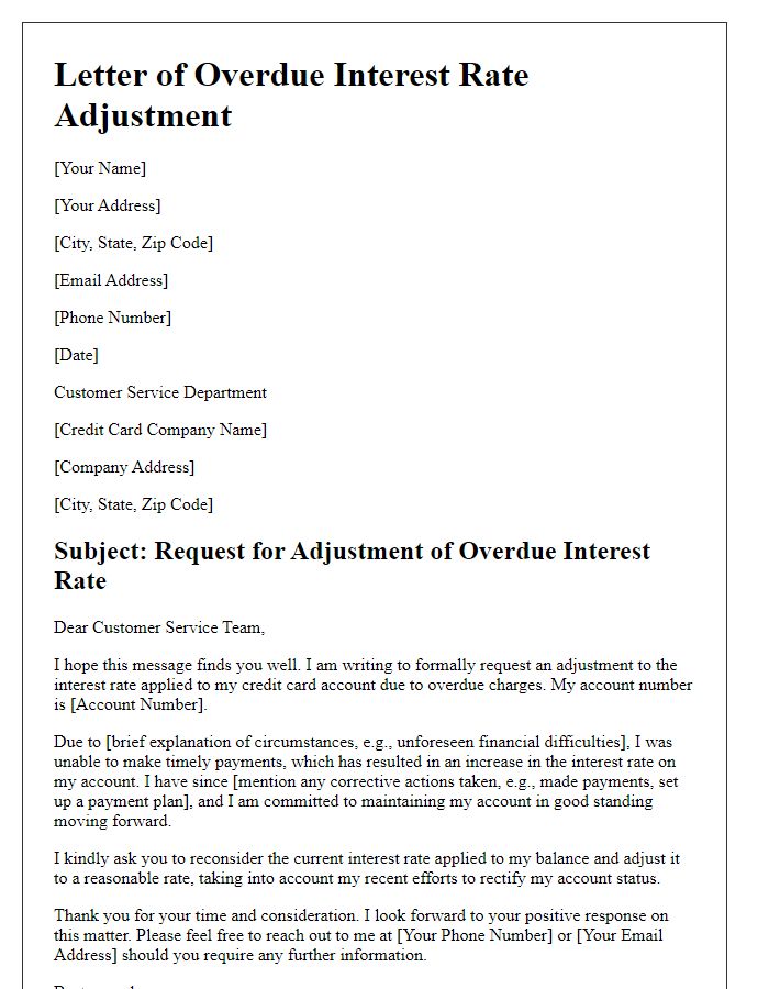 Letter template of overdue interest rate adjustment for credit card debt