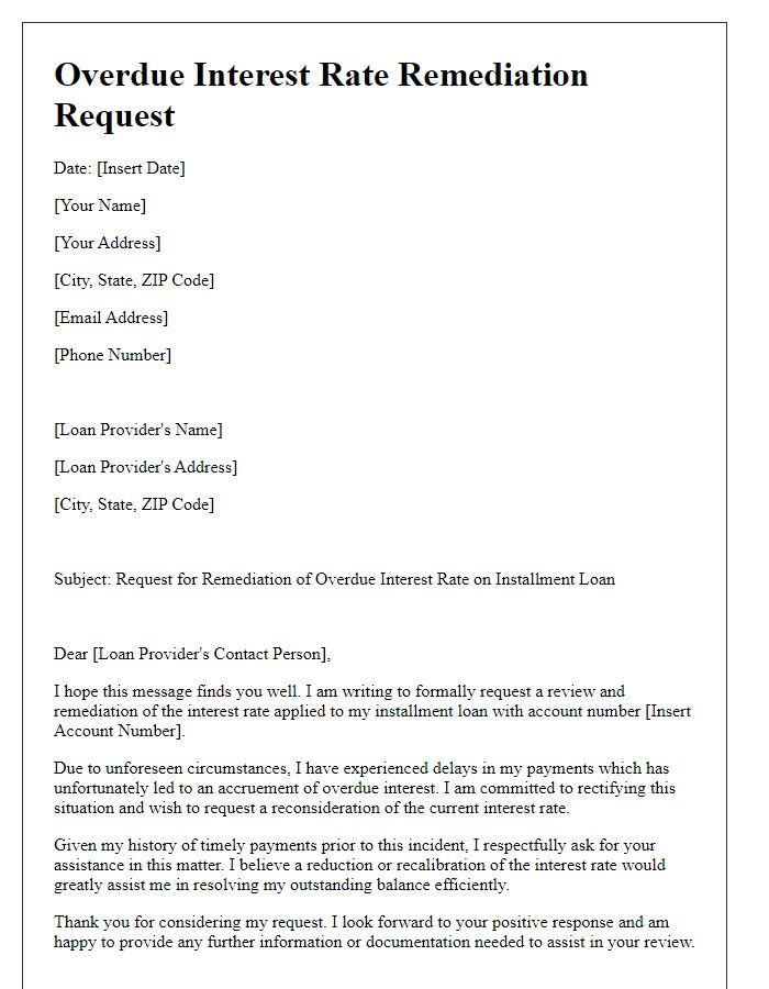 Letter template of overdue interest rate remediation request for installment loans