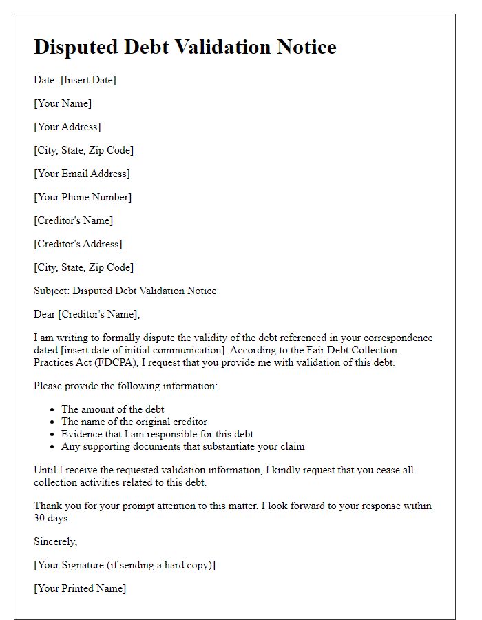 Letter template of disputed debt validation notice