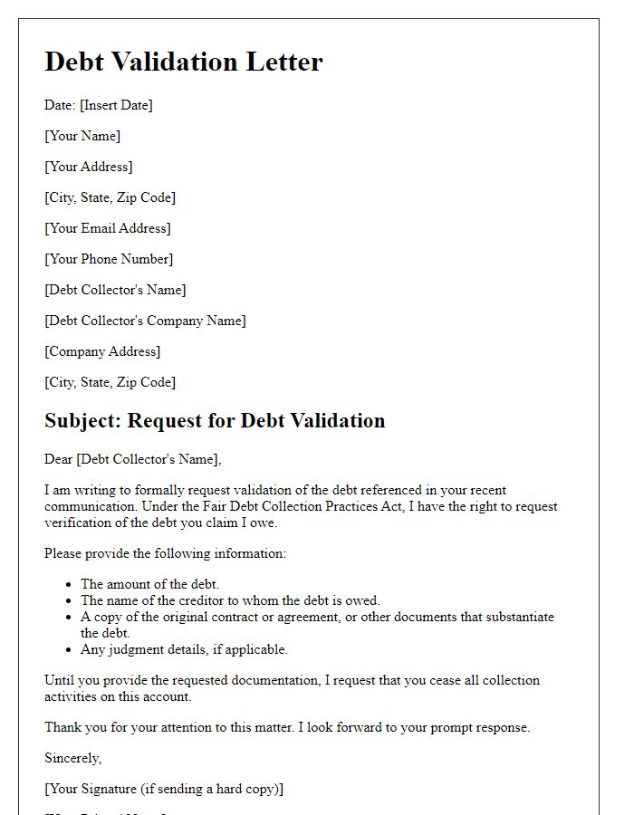 Letter template of initial debt validation communication