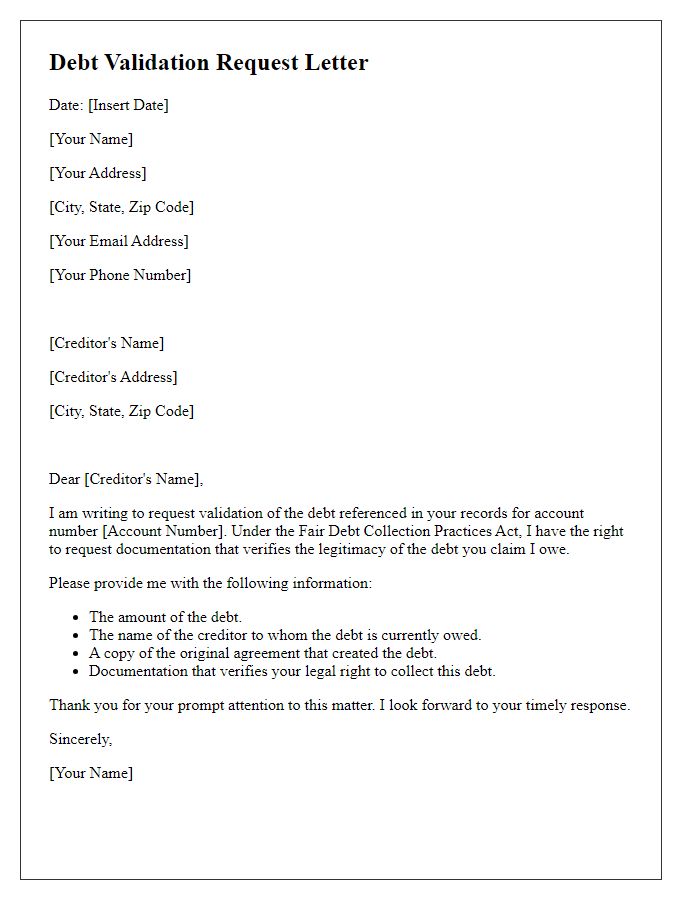 Letter template of request for debt validation documentation