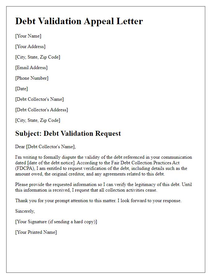 Letter template of written debt validation appeal