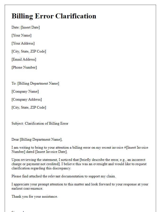 Letter template of billing error clarification