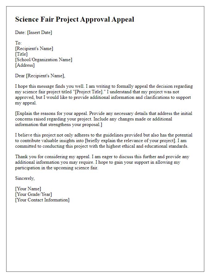 Letter template of science fair project approval appeal