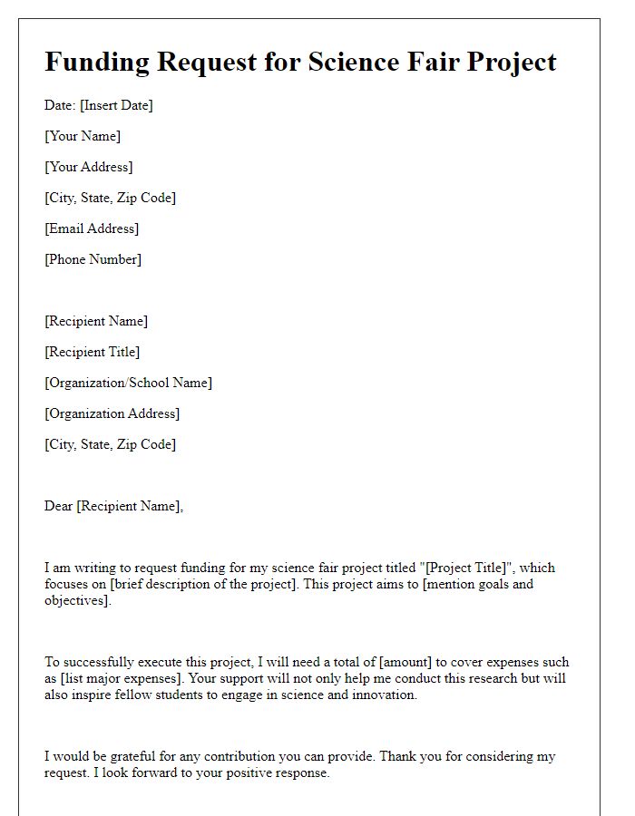 Letter template of science fair project funding request