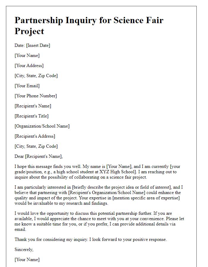 Letter template of science fair project partnership inquiry