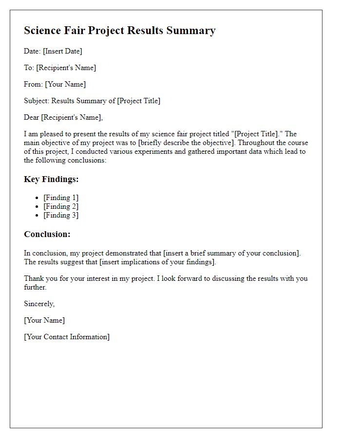 Letter template of science fair project results summary