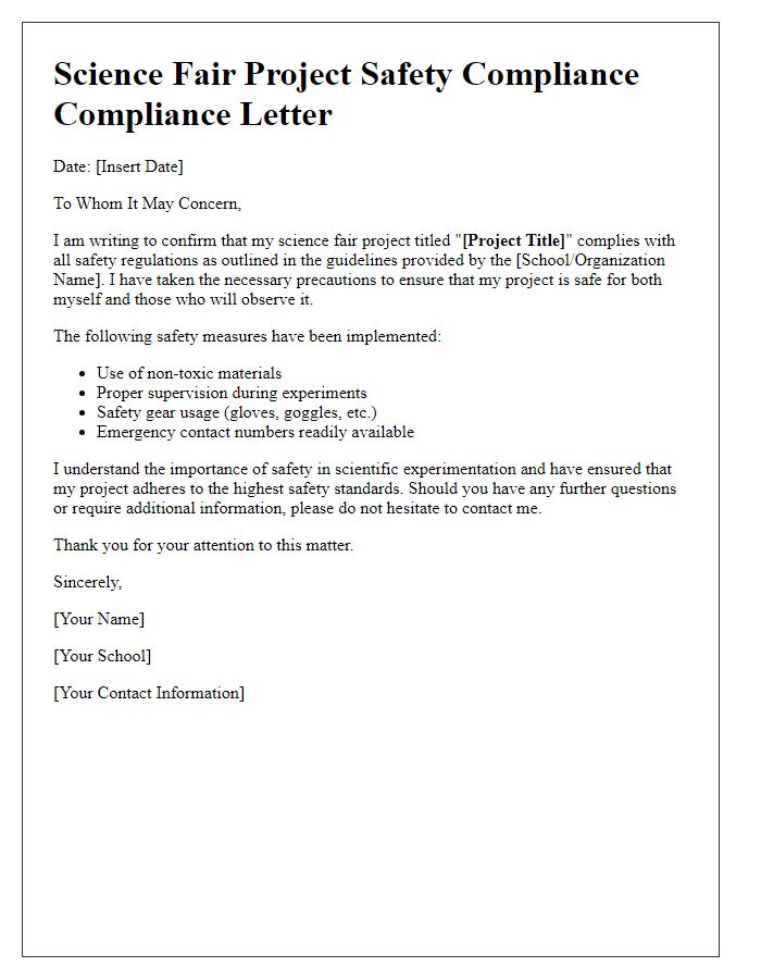 Letter template of science fair project safety compliance