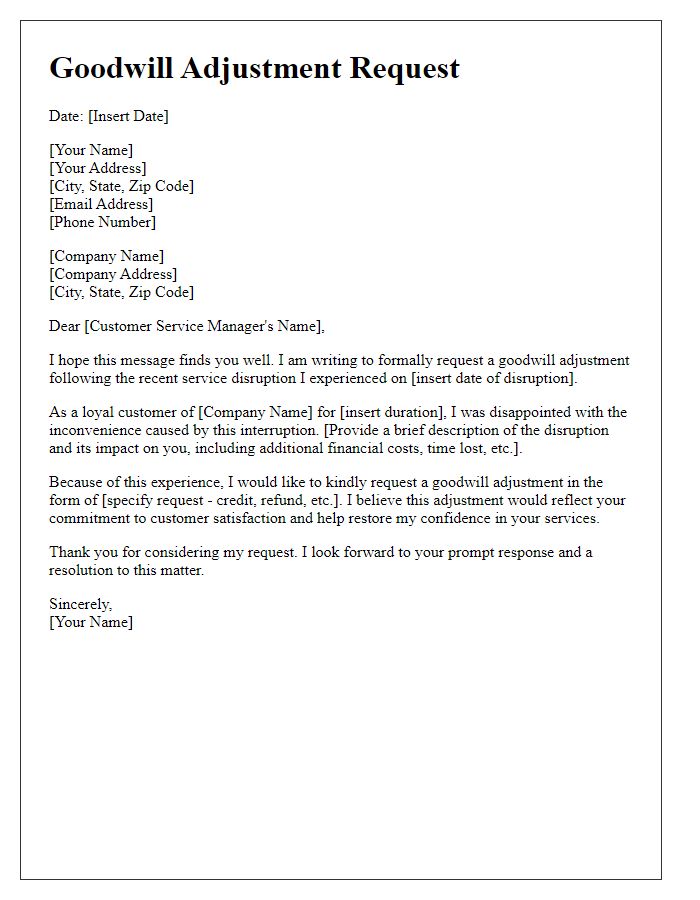 Letter template of goodwill adjustment request after service disruption