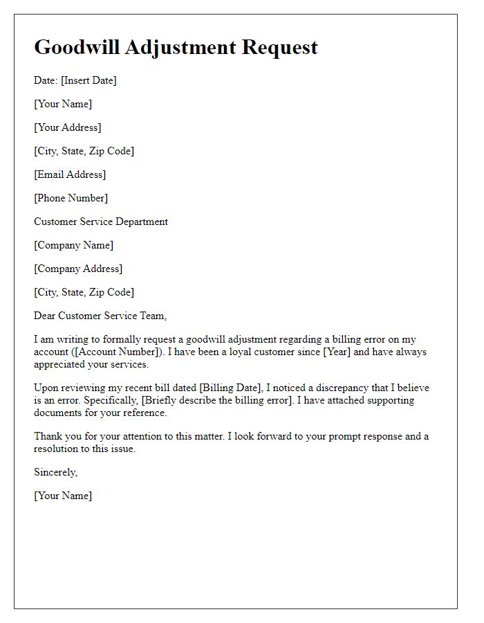 Letter template of goodwill adjustment request for billing errors