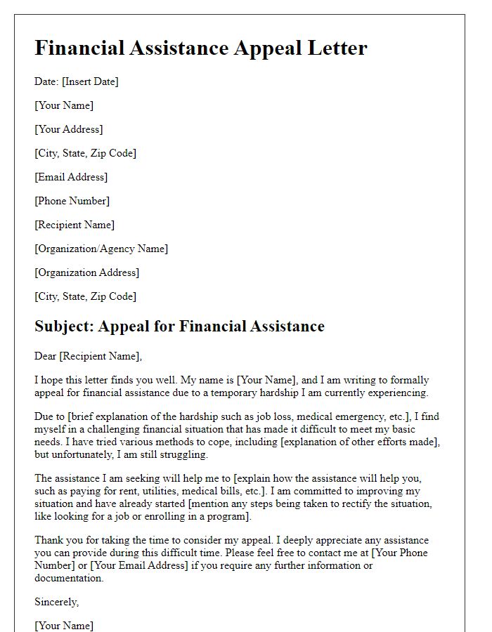 Letter template of financial assistance appeal during temporary hardship