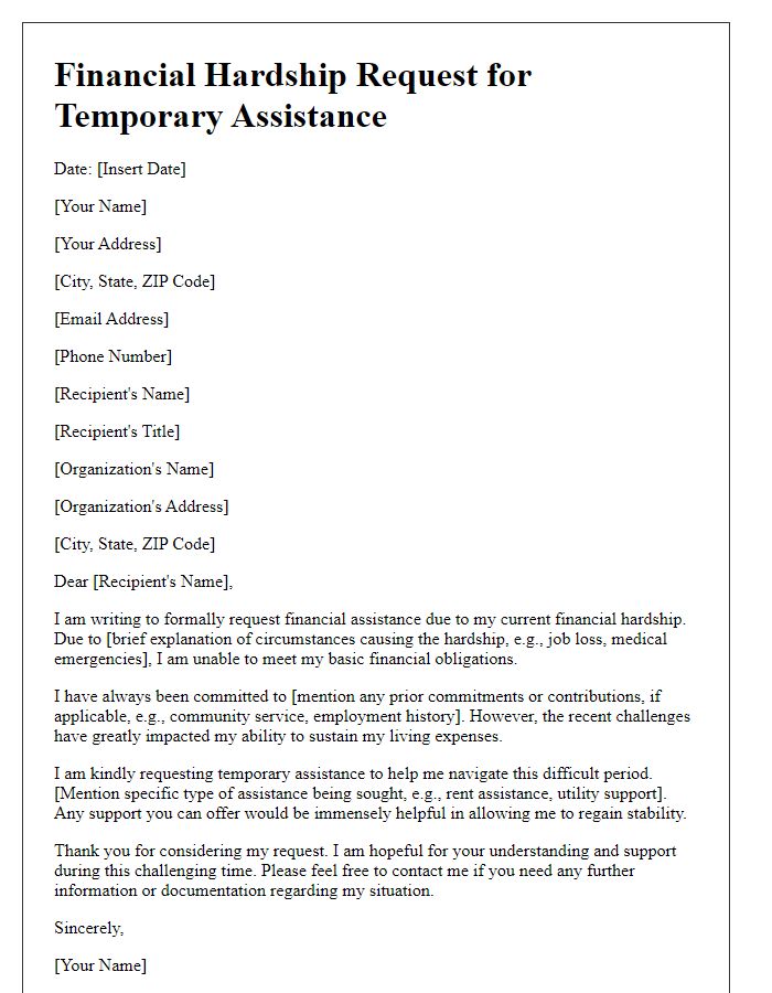 Letter template of financial hardship request for temporary assistance