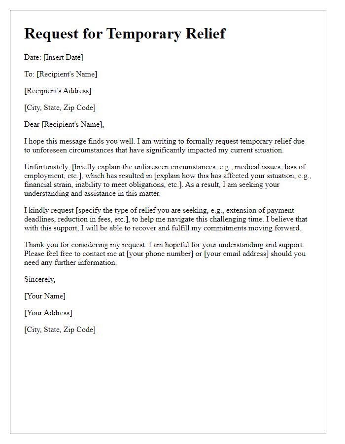 Letter template of request for temporary relief based on unforeseen circumstances