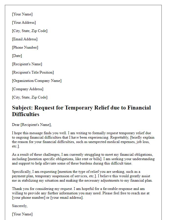 Letter template of request for temporary relief due to financial difficulties