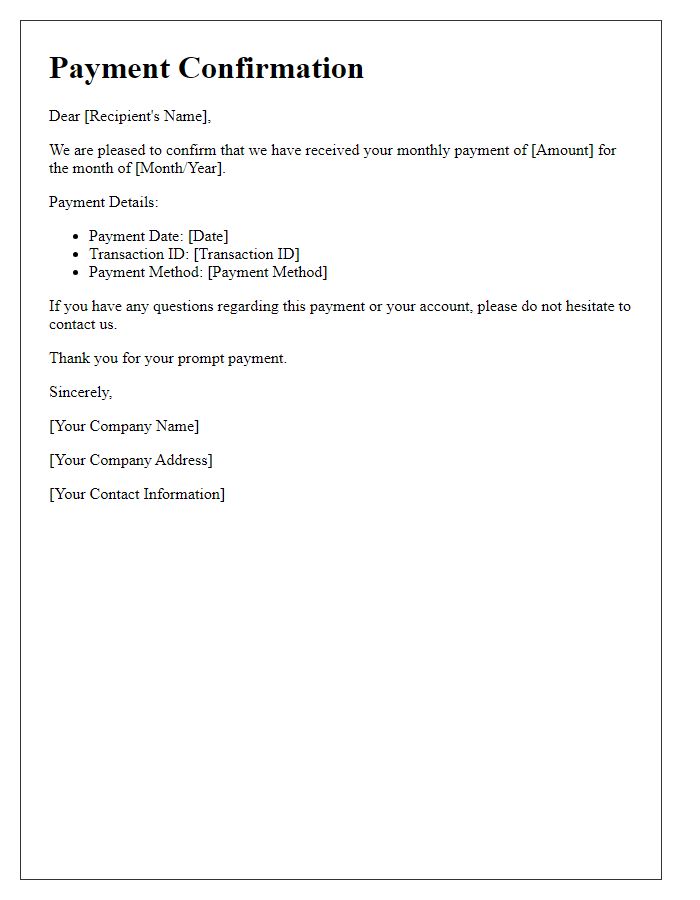 Letter template of monthly payment confirmation
