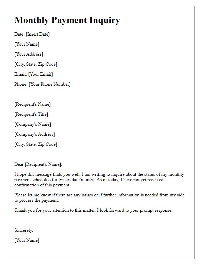 Letter template of monthly payment inquiry