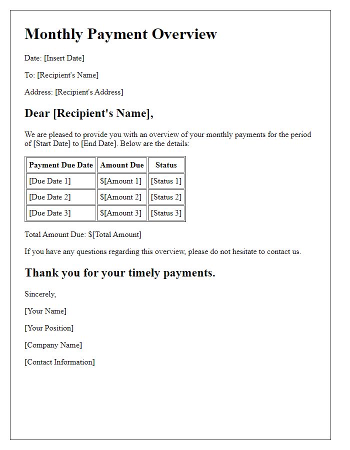 Letter template of monthly payment overview